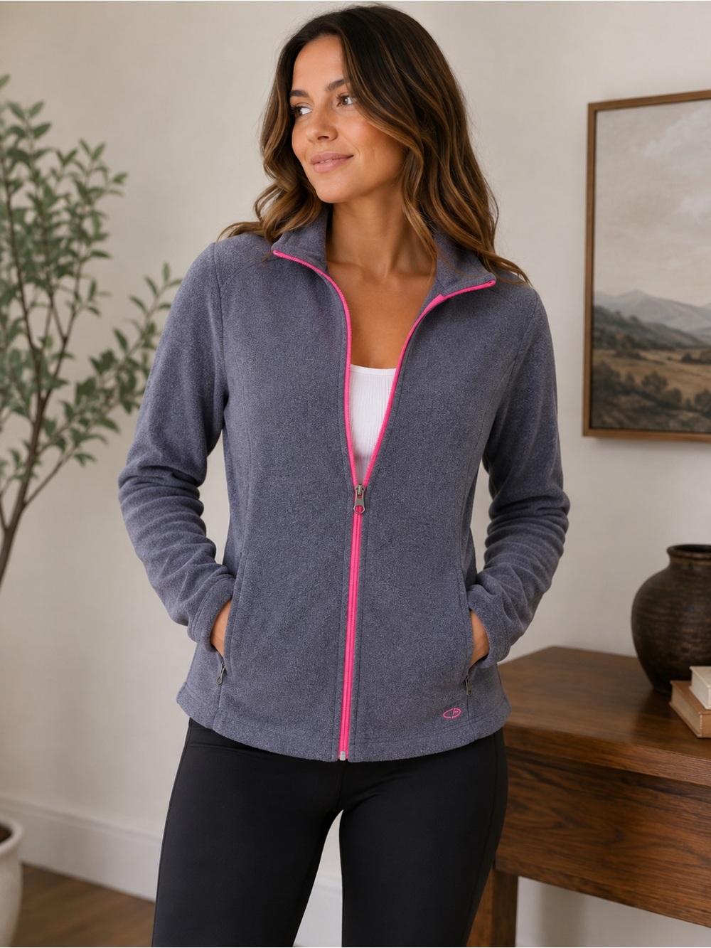 Champion C9 Women’s Gray Full Zip Fleece Jacket Pink Trim Size Medium